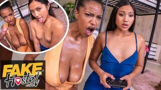Fake Hostel – Video game playing Asian Thai girl and Ebony Latina college teens in horny threesome